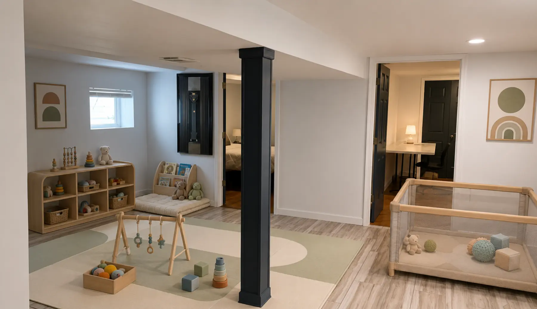 Clean infant play space with books, toys, and soft floor mats at Baby Angel Home Daycare