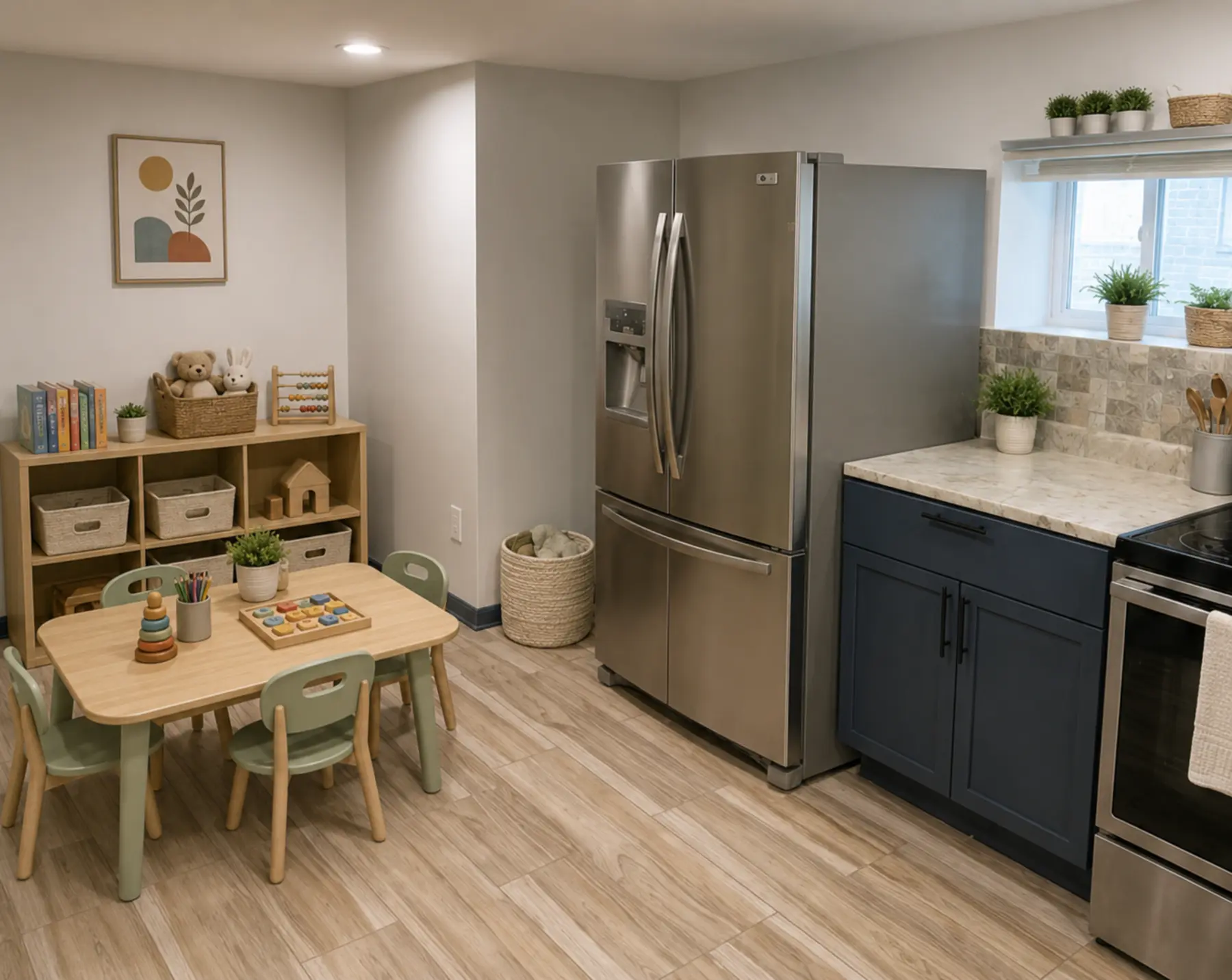 Toddler-sized activity and meal table in a clean home daycare kitchen